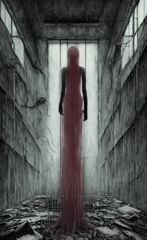 Prompt: vertical movie frame portrait of girl inside abandoned school, ominous backrooms at distance seen through big broken wall, giger interior design, architectural design, vintage, liminal aesthetic, dreamcore, weirdcore, clean lines, wide angle, by wayne barlowe, tsutomu nihei, zdzislaw beksinski,
