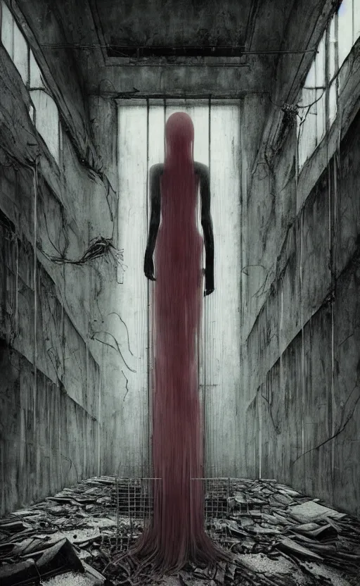 Image similar to vertical movie frame portrait of girl inside abandoned school, ominous backrooms at distance seen through big broken wall, giger interior design, architectural design, vintage, liminal aesthetic, dreamcore, weirdcore, clean lines, wide angle, by wayne barlowe, tsutomu nihei, zdzislaw beksinski,