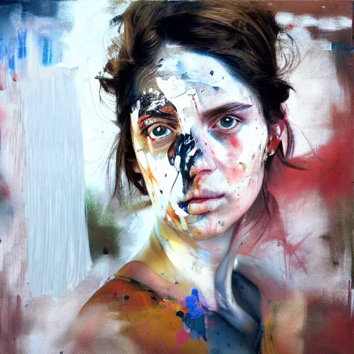 Image similar to portrait of a woman, paint spit on canvas, by alexa meade and lee ellis, highly detailed, sharp, in focus, matte painting, mixed media