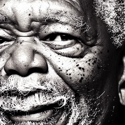 Image similar to closeup studio photograph of morgan freeman, dramatic lighting, edited in photoshop