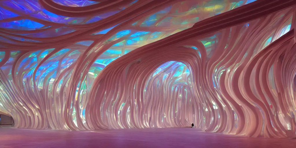 Image similar to extremely detailed awe stunning beautiful futuristic smooth curvilinear museum interior, translucent gills, hyper real, 8k, colorful, 3D cinematic volumetric light, atmospheric light