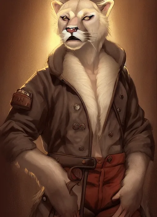 Prompt: beautiful portrait commission of a male furry anthro albino mountain lion with dark red eyes wearing old-timey miner's clothes in an old saloon. Atmospheric. Character design by charlie bowater, ross tran, artgerm, and makoto shinkai, detailed, inked, western comic book art