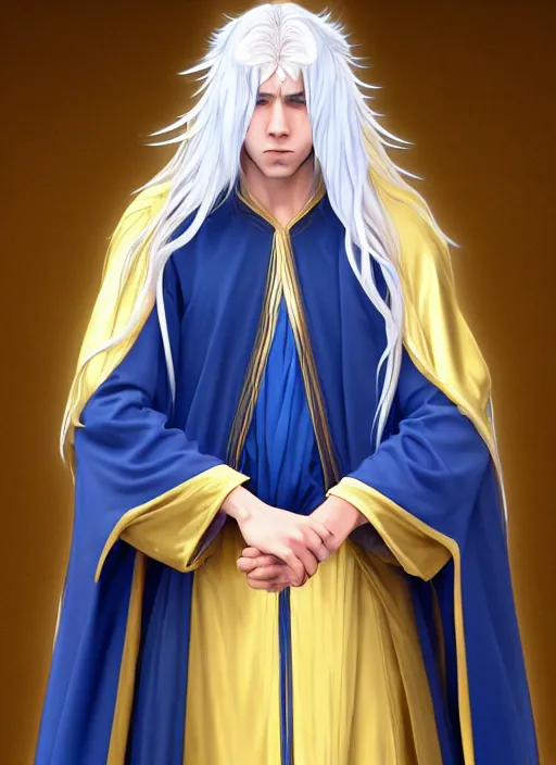 Prompt: card art portrait of a young man wizard with long white hair wearing blue and golden robes, long white hair, blue and golden robes, detailed robes, intrincated design, makoto shinkai, very detailed, matte, tonemapping, bbwchan, perfection, 4 k, william - adolphe bouguereau