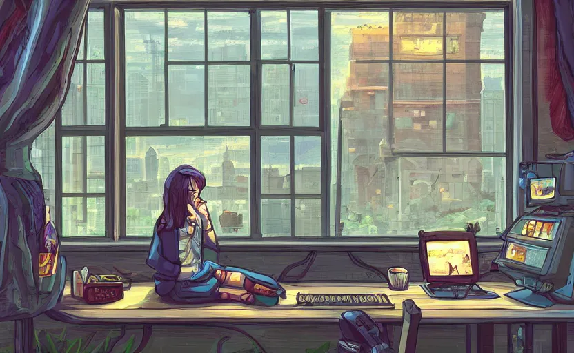 Image similar to Artstation Character sitting and relaxing in front of their work desk in their cozy room as a peaceful rainy city scene is seen through the room's window. Smooth Highly detailed masterpiece pixel-art. in the style of Close Highly detailed masterpiece professional artistry Sega, Namco, Neogeo, Capcom artist's Pixel-art. Trending on artstation. Slice-of-life genre art. Balanced colors and lighting scheme by James Gurney and artgerm. In the style of a 'Music to chill/study' to youtube video.