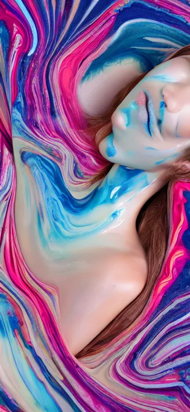 Image similar to 3 d female body silhouette sleeping in marbling liquid acrylic fluid, cinestill, bokeh photography, photography by amy leibowitz and volfgang schneider, bodypainting, painting by morava and goldalh, artstation, epic concept art, beautiful female face matte painting