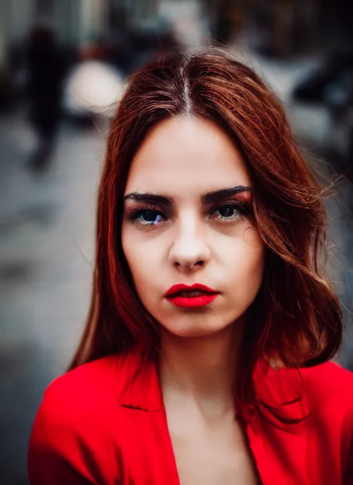 Prompt: close up portrait of beautiful Italian woman, wearing a red outfit, well-groomed model, candid street portrait award winning