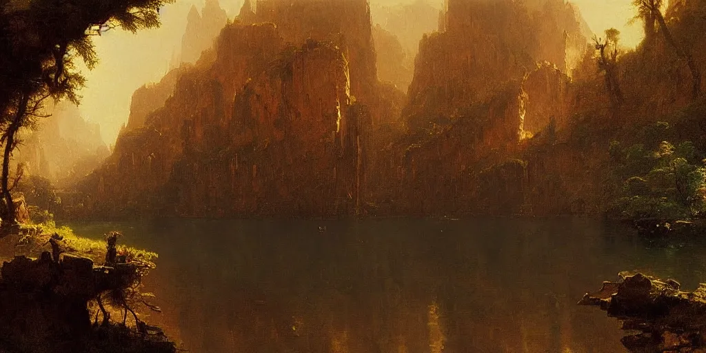 Prompt: lake in a canyon, midday, cinematic, albert bierstadt, greg rutkowski