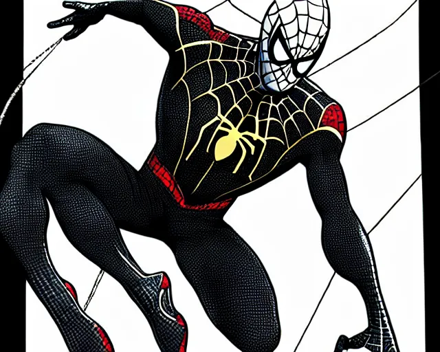 Image similar to photorealistic sketch of black spider - man with gold webbing by steve ditko