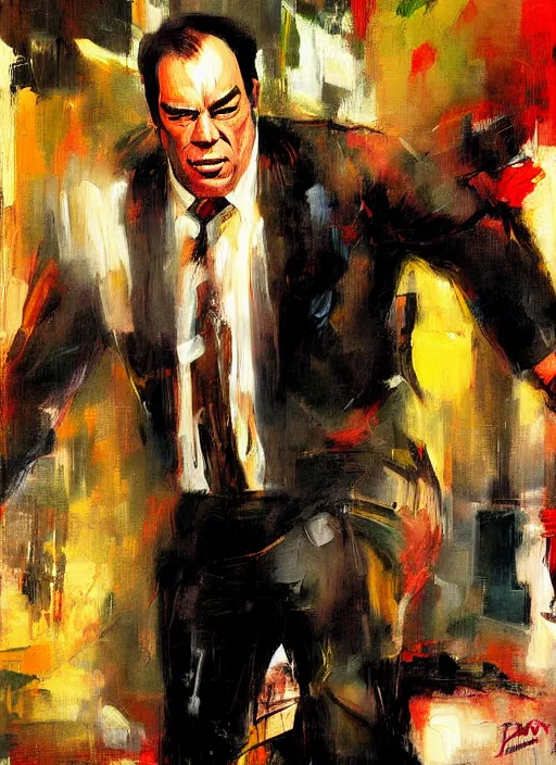 Prompt: jon taffer, enraged, painting by phil hale, 'action lines'!!!, graphic style, visible brushstrokes, motion blur, blurry