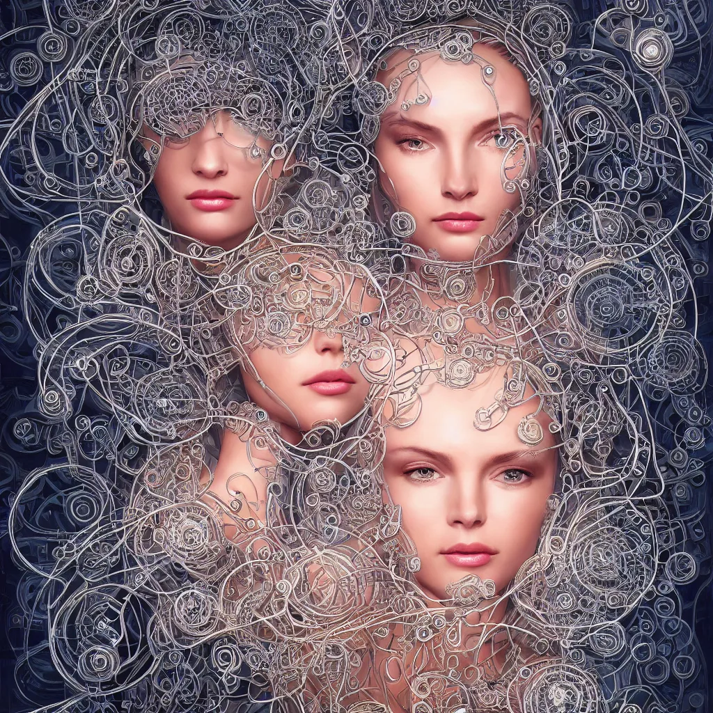 Image similar to one very beautiful woman integrating with technology, full face frontal centered, portrait, insipiring, detailed intricate ornate cables connected to head, big open electric eyes, luxurious detailed abundent wiring and implants, diamonds, sci-fi, neon, emeralds, detailed technology full background, highly detailed, artstation, Rene Lalique and Eddie Mendoza and Hiroshi Nagai