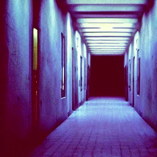 Image similar to Beautiful colored-photo cameraphone 2005 soft liminal Photograph of an infinite dark hallway pool