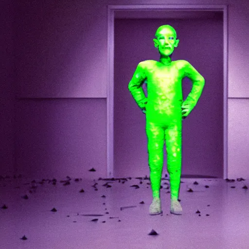 Image similar to a small weird childish alien as Mark Zuckerberg sitting in a room made of green slime and purple mold. Photograph from science fiction movie.