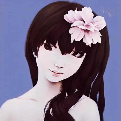 Image similar to little girl with flowers in hair wearing an white dress, art by ilya kuvshinov, profile picture, inspired in hirohiko araki, realistic, highly detailed