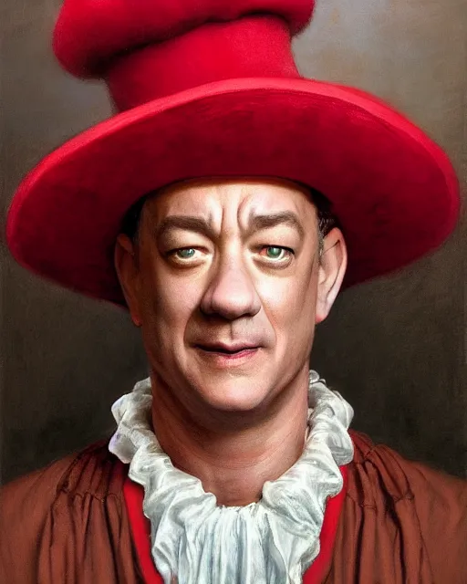 Prompt: closeup portrait of whimsical conniving tom hanks wearing a red hat, court jester in renaissance era,, masterpiece, by donato giancola and greg rutkowski and wayne barlow and zdzisław beksinski, high contrast, realistic face