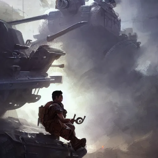 Image similar to side profile of a filipino man sitting on a tank wielding a scepter, highly detailed, d & d, fantasy digital painting, trending on artstation, concept art, sharp focus, illustration, volumetric light, intricate, matte, art by artgerm and greg rutkowski