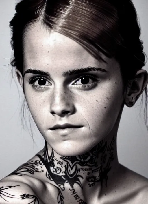 Image similar to emma watson, dope tattoo, hyperrealistic