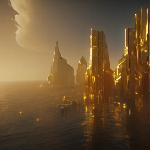 Image similar to a golden fantasy sci fi luxurious city with cerulean oceansides, scandinavian / norse influenced, cinematic, ray traced, octane render, cinematic lighting, ultrarealistic, featured on artstation, 8 k uhd artwork
