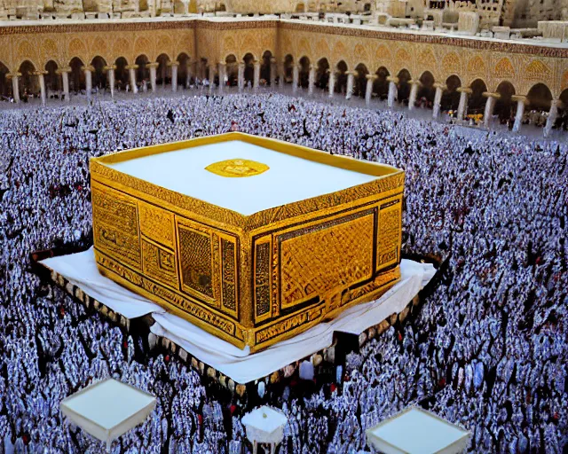 Image similar to The Kaaba (Arabic: ٱلْكَعْبَة, romanized: al-Kaʿbah, lit. 'The Cube', Arabic pronunciation: [kaʕ.bah]), also spelled Ka'bah or Kabah, sometimes referred to as al-Kaʿbah al-Musharrafah (Arabic: ٱلْكَعْبَة ٱلْمُشَرَّفَة, romanized: al-Kaʿbah al-Musharrafah, lit. 'Honored Ka'bah'), is a building at the center of Islam's most important mosque, the Masjid al-Haram in Mecca, Saudi Arabia.[1][2] It is the most sacred site in Islam.[3] It is considered by Muslims to be the Bayt Allah (Arabic: بَيْت ٱللَّٰه, lit. 'House of God') and is the qibla (Arabic: قِبْلَة, direction of prayer) for Muslims around the world when performing salah.