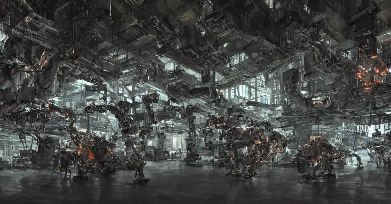 Prompt: Realistic concept art, digital art of a factory interior for mech robots production, full of various electronic and mechanical mech parts, weapons, devices and instruments, with hardware engineers and scientists walking around, spotlights from ceiling, incredible sharp details, light contrast, dark atmosphere, bright vivid colours, reflections, metal speculars, rendered in Redshift, Octane render