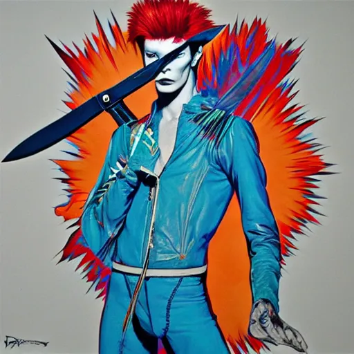 Image similar to Ziggy Stardust holding a Bowie knife, james jean, fist