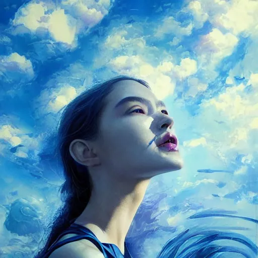 Image similar to 3 d, sci - fi, close - up, morning, smiling fashion model face, sun, cinematic, clouds, sun rays, vogue cover style, poster art, blue mood, realistic painting, intricate oil painting, high detail illustration, figurative art, multiple exposure, poster art, 3 d, by tooth wu and wlop and beeple and greg rutkowski