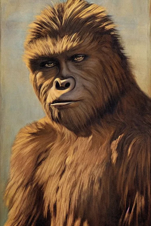 Image similar to a closer personal portrait of bigfoot with very piercing eyes, very charismatic. in the old west. masterpiece, dark. painted by norman rockwell and james gurney