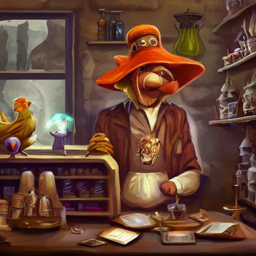 Prompt: Magic the gathering artwork of Anthropomorphized chicken shopkeeper in his shop, shelves full, selling a gem, portrait, items, magic potions, specimens in glasses, carpet, window, fancy funny hat, sly expression , cunning expression, cute expression, presenting magic gem, D&D, fantasy, cinematic lighting, highly detailed, digital painting, artstation, concept art, smooth, sharp focus, illustration, warm light, cozy warm tint, magic the gathering artwork, volumetric lighting, 8k, no gold, no gold colours, art by Akihiko Yoshida and Greg Rutkowski