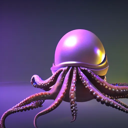 Prompt: a stunning rendition of an octopus wearing a space helmet, LED visor, hyperrealistic, octane render, pearlescent skin, floating in space