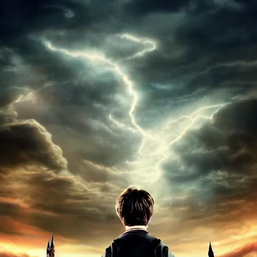 Image similar to Harry potter upright and levitating, back view, thunderclouds, cinematic shot, intricate detail and quality, movie still, nighttime, crescent moon, minor motion blur, action shot, photorealistic, intense scene, visually coherent, symmetry, rule of thirds, movement, vivid colors, award winning, directed by Steven Spielberg, Christopher Nolan, Tooth Wu, Asher Duran, Greg Rutkowski