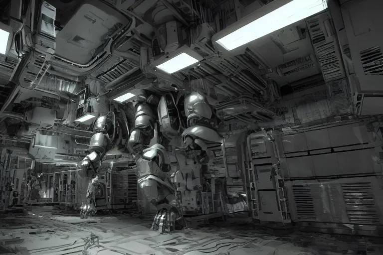 Prompt: parallax datacenter server room interior single mono colossus white rusty android guest robosaurus pacing artstation cinematic detailed concept art volumetric light sharp coherent cgsociety symmetric perfect well balanced shadows lotr hardware