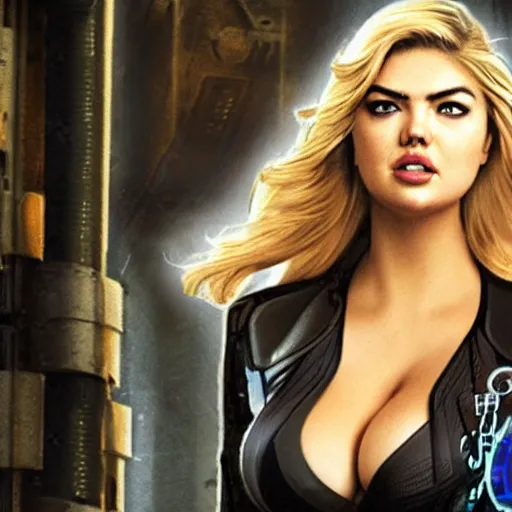 Prompt: photo of kate upton as a cyberpunk rogue warrior