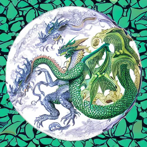 Image similar to a painting of a green dragon on a white background, a dragon orb, magical sphere with dragons, a computer rendering by maria sibylla merian, featured on polycount, generative art, biomorphic, photoillustration, concept art