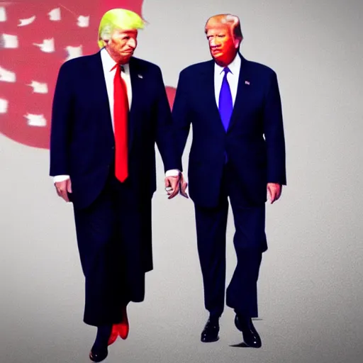 Image similar to Joe Biden holding hands with donald trump in the metaverse, cyberpunk, cybernetic, striking, colorful, impactful, artstation