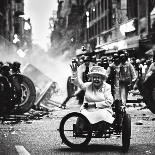 Prompt: queen elizabeth riding a tiny tricycle through a street riot, bokeh, high contrast, low angle