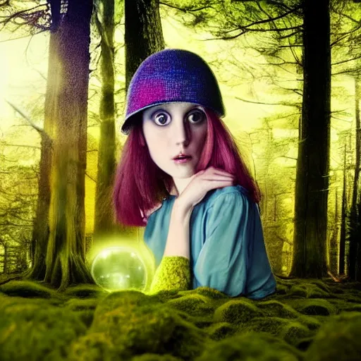 Image similar to portrait of a thin girl twiggy face in full height, elegant pose, a huge toadstool hat on her head, large eyes , the girl is standing on the edge of the forest, surrounded by colorful sparkling moss ,intense, dramatic lighting, intricate details, cinematic, high definition