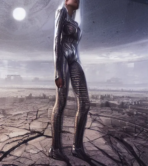 Image similar to tarkovsky greatest scene, the ancient destroyed majestic tower of babylon, woman in futuristic cyber clothing, transparent puffer jacket, hyper realistic, blockchain, cyber world, ambient lighting, concept art, intricate, hyper detailed, smooth, dynamic volumetric lighting, octane, ray trace, cinematic, high quality, high resolution, 4 k, cgsociety