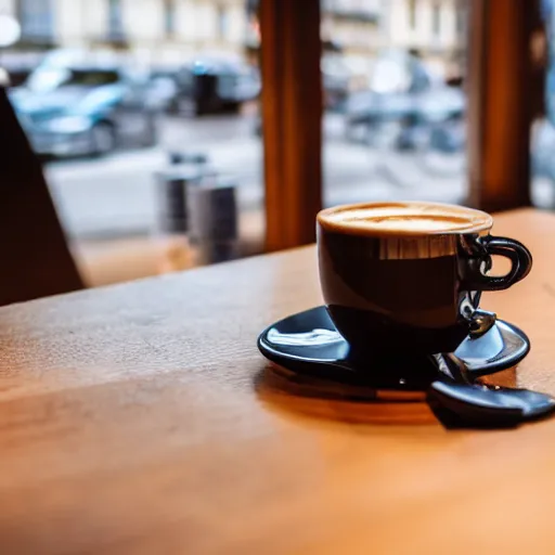 Prompt: a cup of coffee on a table in a Parisian cafe