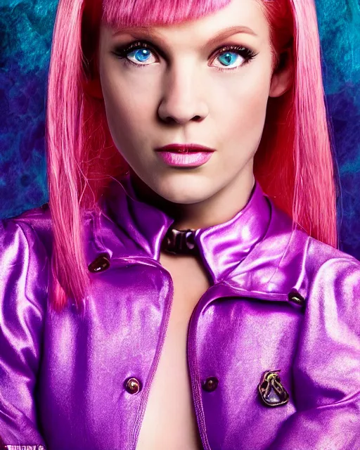 Prompt: dramatically - lit closeup portrait photograph of daphne from the scooby - doo live - action film ( 2 0 0 2 ), sharp details, vignette, high saturation, smooth textured skin, subsurface scattering, purple outfit, photograph by mark mann and martin schoeller and annie leibovitz, 4 k, soft focus, centered, symmetrical