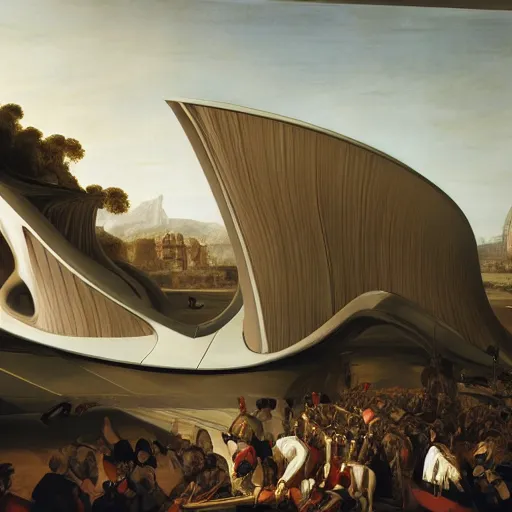 Image similar to oblivion film transport design zaha hadid forms car and wall structure in middle of the coronation of napoleon painting by Jacques-Louis David black ceramic material shiny gloss water reflections search pinterest keyshot product render ultra high detail ultra realism 4k, 8k, 16k