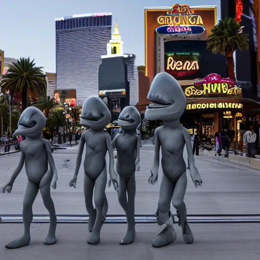 Prompt: actual photography of grey aliens walking along the Las Vegas strip, award winning, high def,