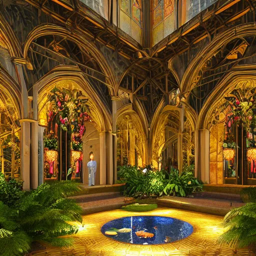 Image similar to cathedral interior with koi pond in the middle surrounded by palm trees, ivy, flowers, tropical plants, neon glow, gold lining, glossy gold statue, roses, and with archways. style leonardo + year 1 8 2 5, two men, rendered in octane render with photorealistic lighting