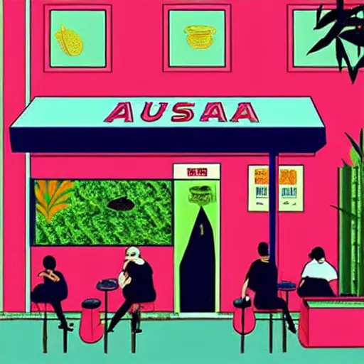 Prompt: taiwanese style cafe australian, decorated with cannabis pot plants 🪴 utopia frontage, pop art poster, beautiful colors pastel palette by will barnet