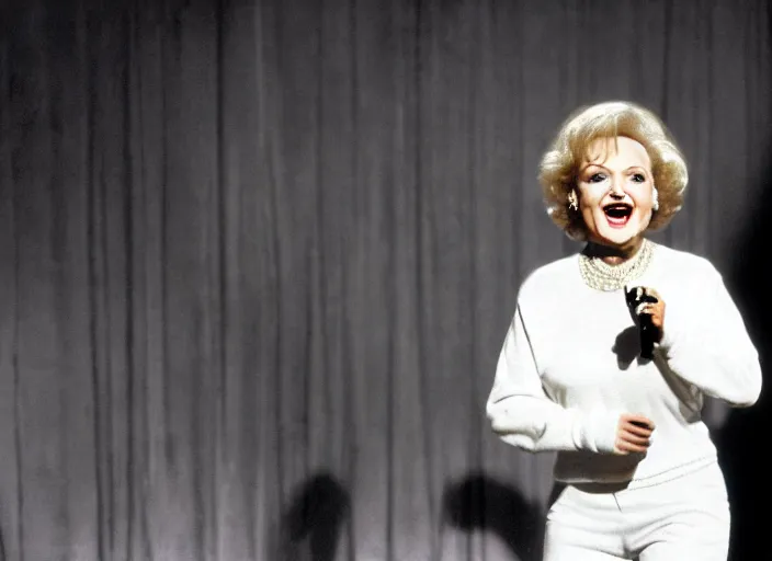 Image similar to publicity photo still of betty white as a gangsta rapper live on stage, 8 k, live concert lighting, mid shot