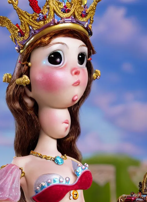 Image similar to highly detailed closeup, profile portrait of a tin toy fairytale princess wearing a crown, bikini, unreal engine, nicoletta ceccoli, mark ryden, earl norem, lostfish, global illumination, detailed and intricate environment