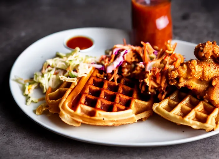 Image similar to dslr food photograph of chicken and waffles drizzled with maple syrup and hot sauce with a side of cole slaw, 8 5 mm f 1. 8