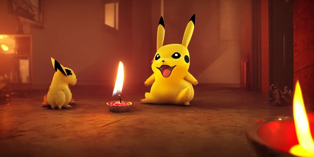 Prompt: pikachu devouring a dog sharp teeth burtal eyes scary mouth dark room red candles trash bin octane unreal engine render 8k photorealistic extreme detail textured