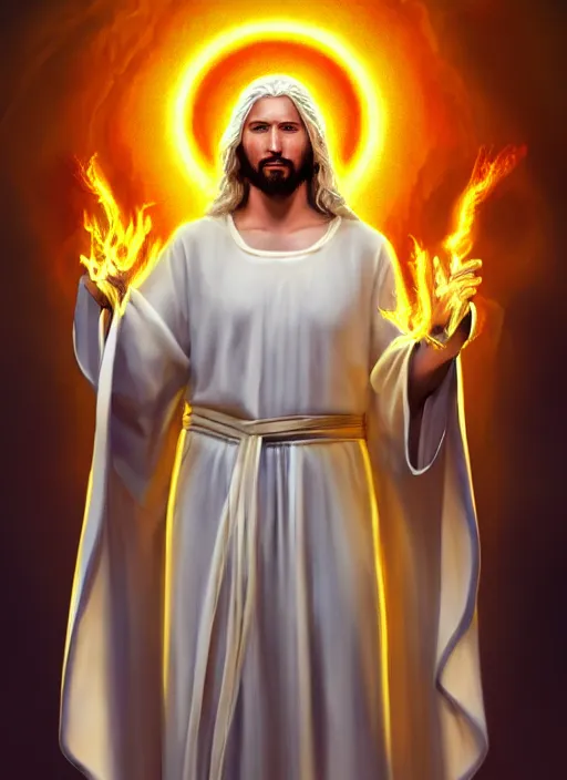 Image similar to « portrait of the white - haired jesus in a white robe and flaming yellow eyes, holding seven stars in right hand, high - contrast, intricate, elegant, highly detailed, digital painting, artstation, concept art, smooth, illustration »