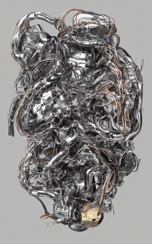Prompt: a ghost inside metallic anatomical magnesium with integrated internal combustion engine pistons and exposed wires album cover