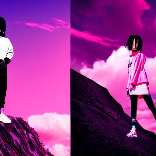 Prompt: a photoshoot of a new clothing line named die lit, 8 k concept art, colorful, color splash, detailed, clouds, vivid, purple - pink skies, professional, cinematic lighting, detailed faces