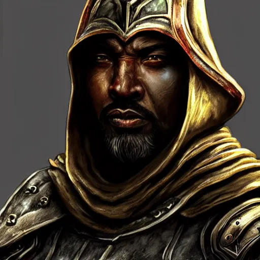 Prompt: unknown the elder scrolls vi hammerfall, battle hardened imposing male redguard character portrait partially clothed in hooded metal - plated exquisitely detailed hooded battle armour, desert, tropical, atmospheric lighting, painted, intricate, volumetric lighting, beautiful, rich deep colours masterpiece, sharp focus, ultra detailed